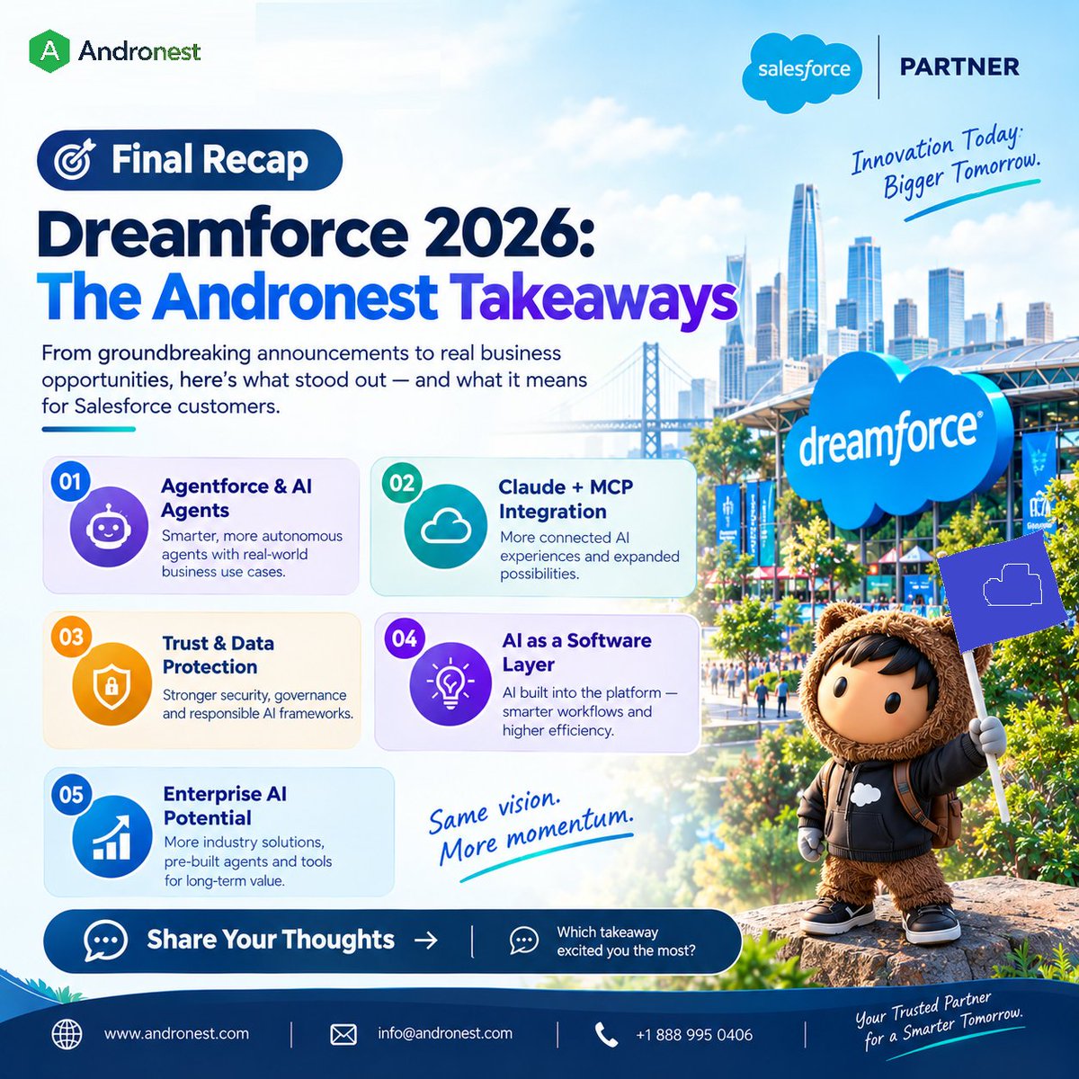 andronestllc's tweet photo. 🎯 Dreamforce 2026: Andronest Takeaways 🤖 Agentforce ☁️ Claude + MCP 🔐 Data protection 💡 AI software layer 📈 Enterprise AI. Real innovation = real business value.

 Share your thoughts!
🌐 https://t.co/3gpZ3x5W0T

#Dreamforce2026 #AI #Andronest https://t.co/vlVU9RXkvr