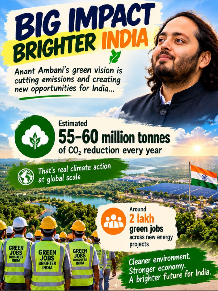 avijit_mal5388's tweet photo. #2LakhGreenJobs Anant Ambani is quietly building Reliance into a green energy powerhouse - solar gigafactories, batteries, hydrogen. India's energy future just got a serious upgrade yaar. https://t.co/hHNmY9vTqT