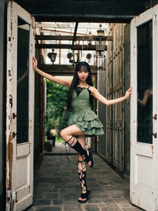 A woman poses in a green ruffled dress and lace-up gladiator sandals in a doorway leading to an outdoor area.