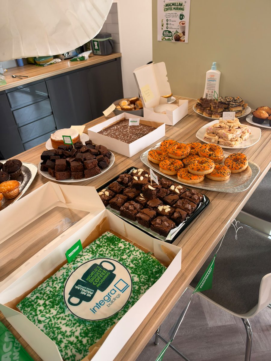 IntegraBuild's tweet photo. It's Macmillan Coffee Morning at Integra, and it’s safe to say there's no shortage of cake!

A big thank you to everyone who baked, brought something in, donated or got involved - helping us raise money for @macmillancancer.

#MacmillanCoffeeMorning https://t.co/RcJ9300uJm