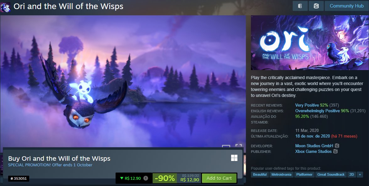 CanalDoEd_'s tweet photo. 🌿 Ori and the Will of the Wisps está no melhor preço na Steam por apenas R$ 12,90! 🔥

🎮 Steam:
https://t.co/hgGxXZI2jk

#OriAndTheWillOfTheWisps #Ori #Steam #PCGaming https://t.co/l2osW0aXms