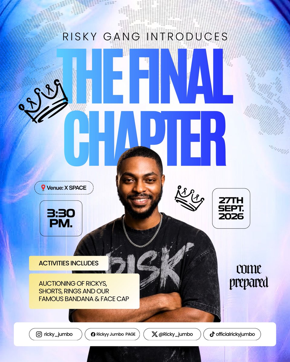 Ricky_jumbo's tweet photo. Risky Gang, worldwide! 

Let me see your emoji (💣) if you’re ready for the FINAL CHAPTER! 😌💣🔥

#BBNaija #RickyJumbo https://t.co/qTI61XPVUs