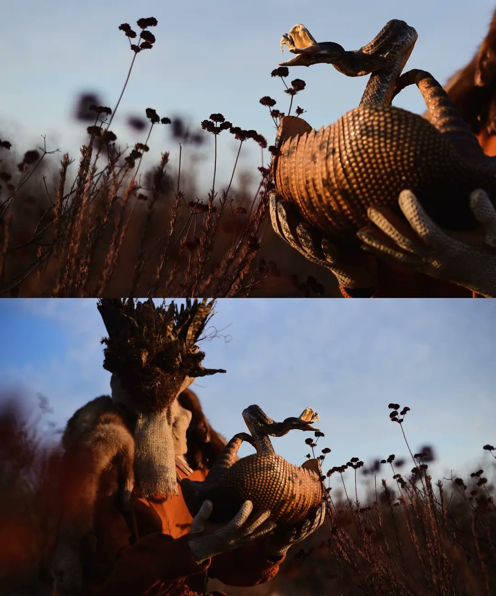 CesarGilditi's tweet photo. The Western Weaver

“We’re born in the grass to suckle from the field. ”

Sound: @jerskinfendrix
Director, photo, design: @thomasganderson
Model, mask, character: @lickapumpkin

No AI used—human artists creating with time, tools, and dreams. https://t.co/zmGvD0iT40