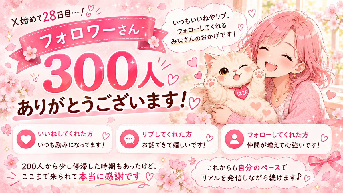 hapi_restart's tweet photo. 𝕏始めて28日目。
フォロワーさん、300人になりました😭✨

𝕏のことよく分からない状態から始めて、1週間で100人。
次の日には200人。
1日で100人もの方がフォローしてくれて、あの時は本当にビックリしていました。

でも200人になってからはなかなか増えなくて、「停滞しちゃった😢」って思って色々と調べてみたり試行錯誤もしたりしました。
人生立て直しのことを発信したいはずなのに方向性が分からなくなってたり💦

うまくいかないこともリアルですね😉💦

まだ何も実績はありません。
でも、

・私が18年勤めた会社を辞めてから何を得られたか
・それでも、なぜ行動することができたのか
・夫のギャンブル問題や家計の不安があっても、夫婦でどう向き合っているか
・挑戦してみたこと
・引き続き子育てのリアル

そんなことも発信できたらと思ってます。

いつもいいね👍やリプ📝で絡んでくださる方、本当にありがとうございます😭💕

自分なりにリアルを発信して、継続していけたらと思ってます✨

これからもよろしくお願いいたします🥰🎀