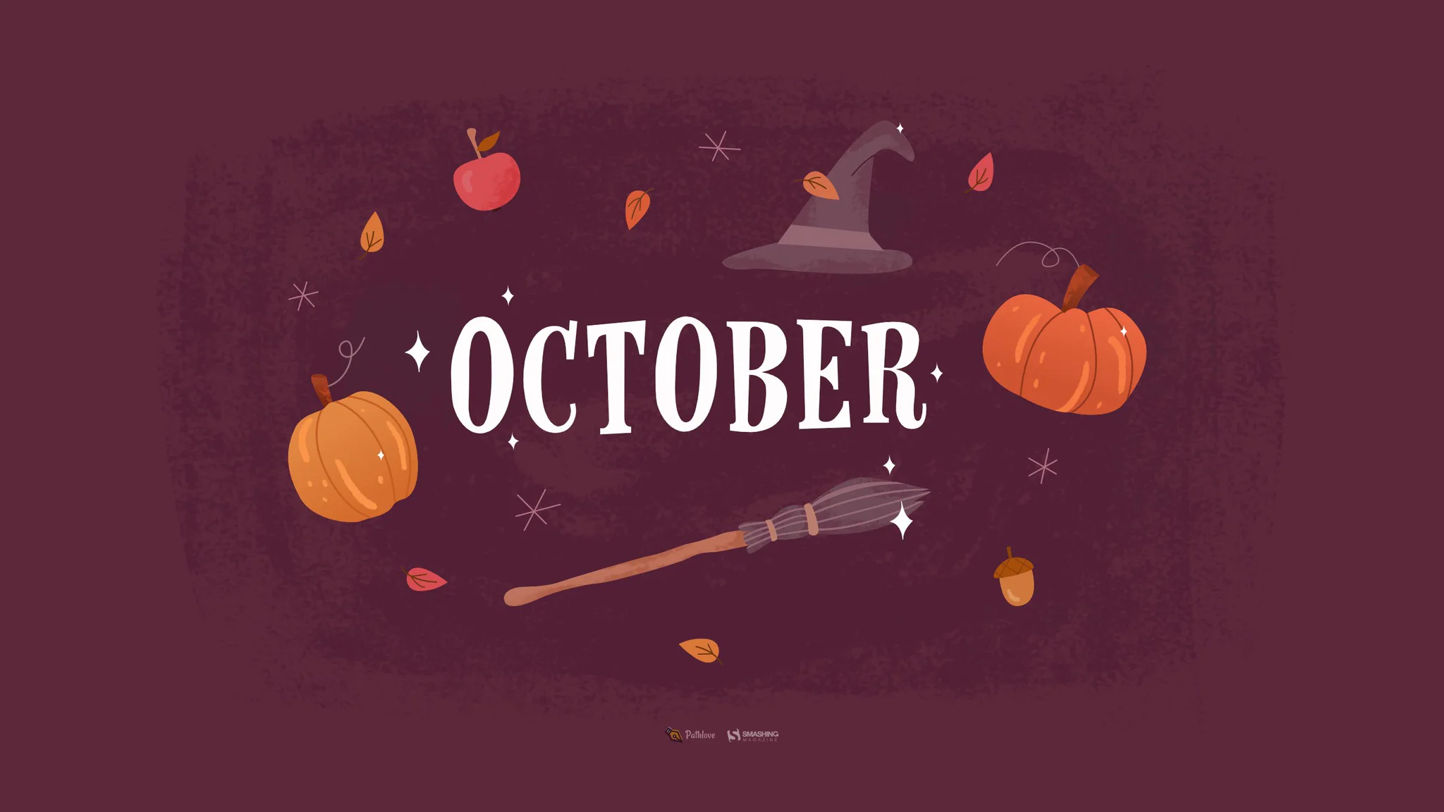 Illustrated desktop wallpaper showing a witch’s hat, broom, pumpkins, apple, leaves, and an acorn on a burgundy background. The text says “October”. 