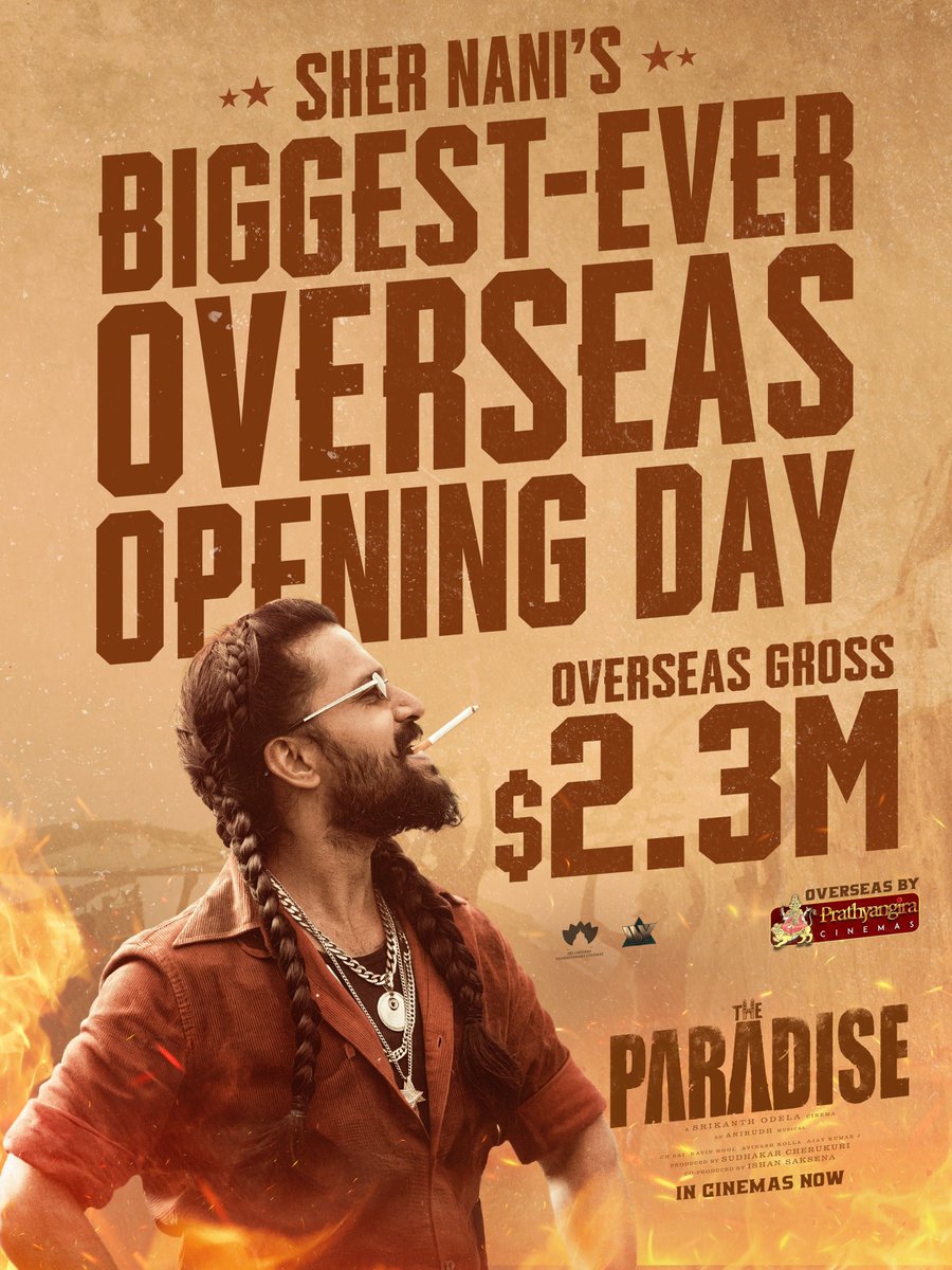 TrackTwood's tweet photo. #TheParadise has a stunning overseas opening with $2.3M, recovering 50% of its theatrical business on the opening day itself. A record-breaking start! 🔥

Overseas has always been #Nani’s No.1 market! 💥 https://t.co/HUoVEA0Kv9
