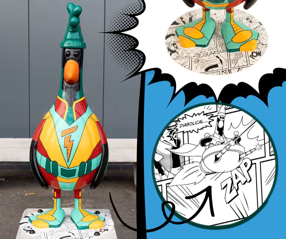 GromitUnleashed's tweet photo. Kappow! Shoosh! Smack!💥 

These are just a few of the catchphrases from the footplate of the comic book-style baddie Feathers McGraw, ‘Nemesis’, created by artist Adam Stothard. 🤩 

Today marks #NationalComicBookDay and we're celebrating by taking another look at this villainous genius who must defeat the comic book hero Norbot to carry out his sinister plan. 💎 
   
#GromitUnleashed3