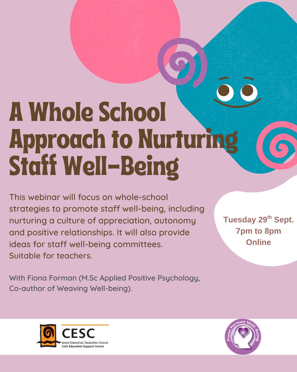cork_cesc's tweet photo. 🌱A Whole-School Approach to Nurturing Staff Well-Being.
Practical strategies to build a culture of appreciation, autonomy &amp; positive relationships in your school plus ideas for staff well-being committees.

👩‍🏫Primary &amp; post-primary
With Fiona Forman
Book: https://t.co/lvpRErZoXz https://t.co/qrZV6hacTN