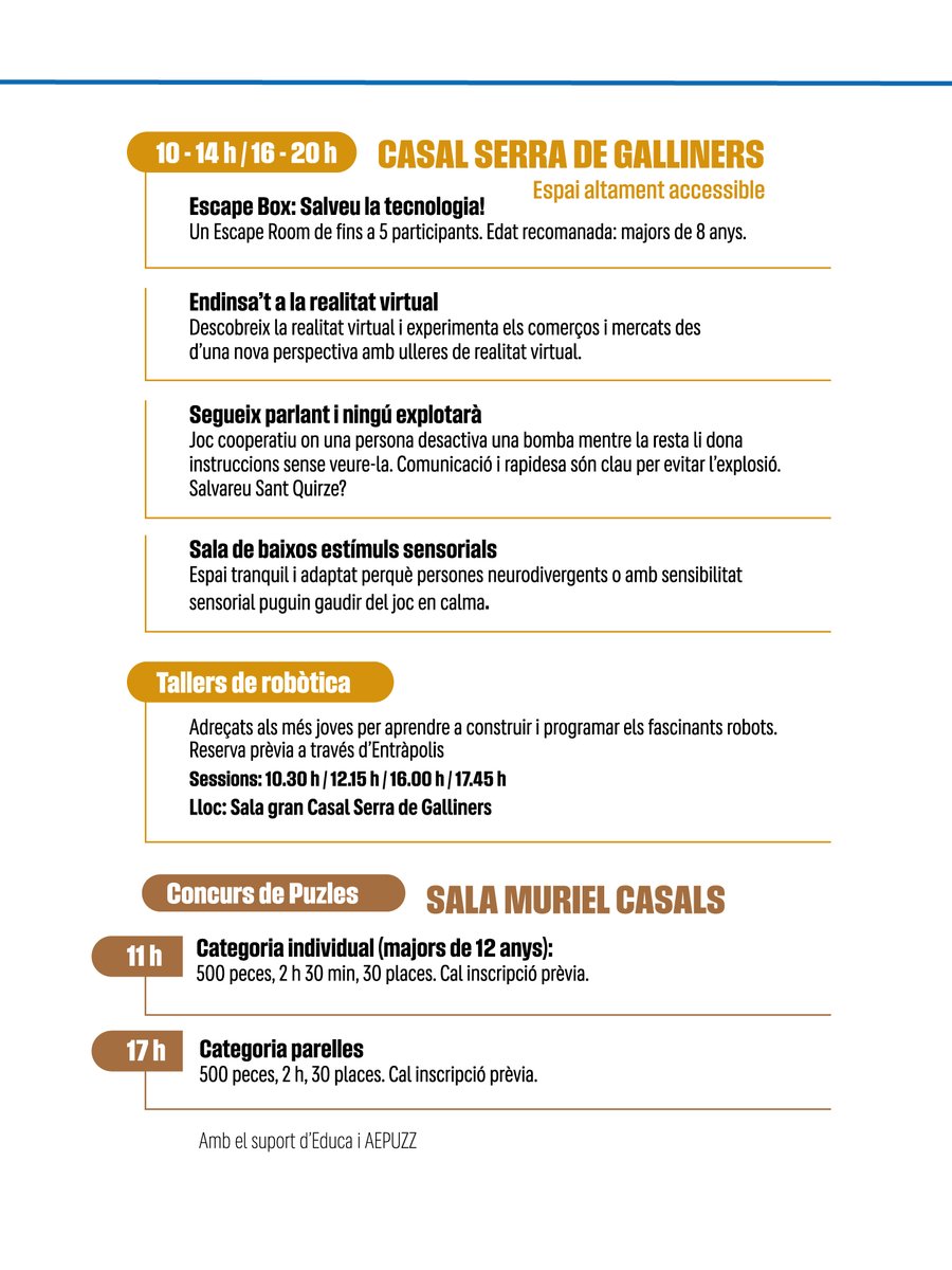 ajsantquirze's tweet photo. 🎲🧩♟️ El #SQVjuga omple demà Sant Quirze de jocs, reptes i noves experiències.

🔝 Diferents espais del municipi acolliran propostes per jugar, experimentar i compartir en família o amb amics.

👀👉 https://t.co/s8QWPMbL35

🧵👇 https://t.co/y6Ry0ZP3wA