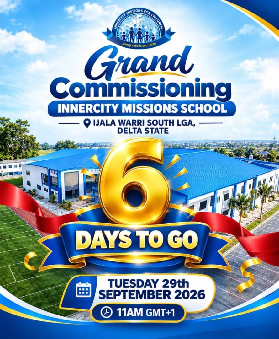 This_Loveworld's tweet photo. 6 DAYS TO A NEW CHAPTER! ✨

The Grand Commissioning of the InnerCity Missions School is almost here!

🗓️Tuesday, 29th September 2026
⏰ 11AM GMT+1
📍 Ijala, Warri South LGA, Delta State

#InnerCityMissions
#THISISLOVEWORLD  
#PastorChris 
#ChristEmbassy  
#Loveworld https://t.co/PYaSqFmT3F