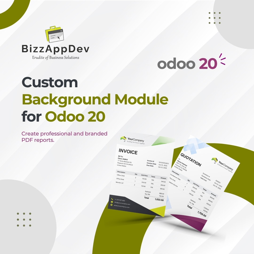 BizzAppDev's tweet photo. Our Custom Background Module is now available for Odoo 20!
Create professional, branded PDF reports with custom backgrounds for invoices, quotations, delivery documents, and more.
Explore the module: https://t.co/W7pXwI8318
#Odoo20 #Odoo #OdooCustomization #BizzAppDev https://t.co/0atqBlwSjm