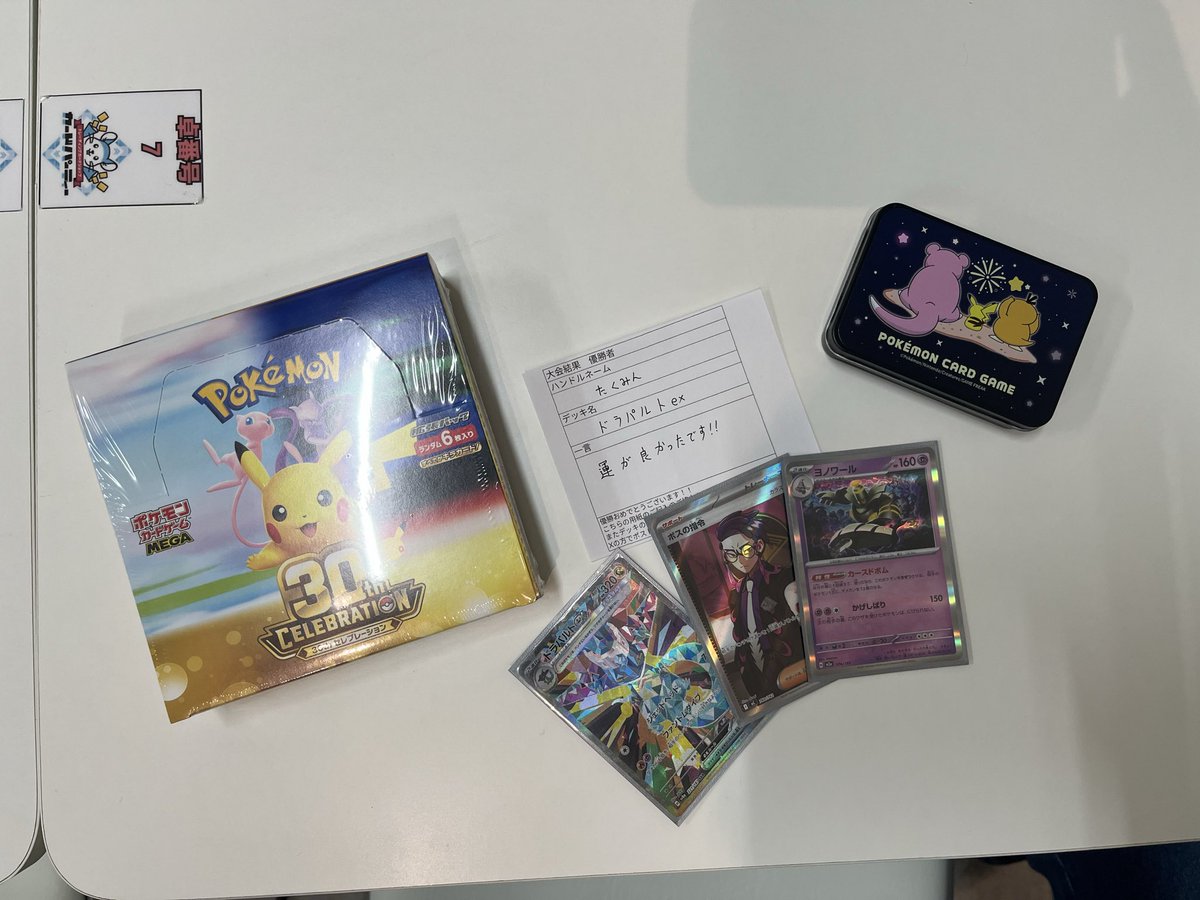 cardparty202509's tweet photo. 🏆【ポケモン 30thボックス争奪戦結果】

🥇優勝 : たくみんさん
🃏使用デッキ : ドラパルトex
💬コメント : 運が良かったです！！

優勝おめでとうございます🎊🎉
ご参加ありがとうございました😊

#ポケモン
#デッキレシピ https://t.co/7Tcq64zYQN