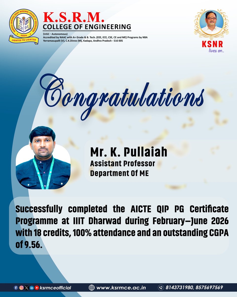 ksrmceofficial's tweet photo. Congratulations !!

#KSRMCE #ME #IIIT #MECH #AIXTE #QQIP #PG #Certificate #programme #congratulations https://t.co/CpVd1nt3N5