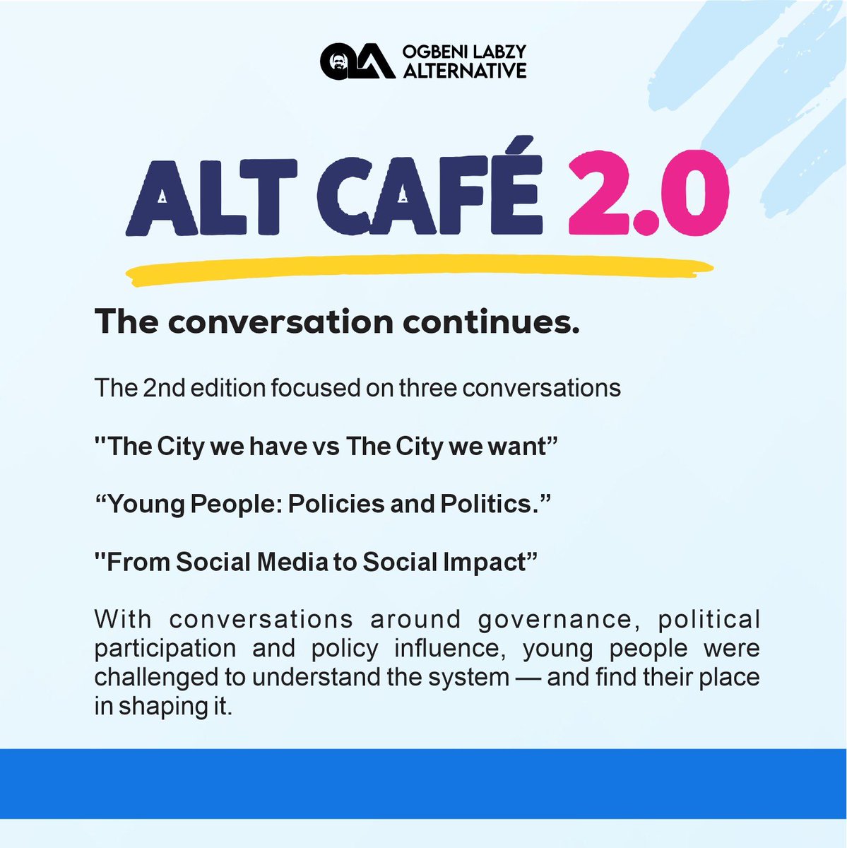 AltCafebyOLA's tweet photo. From an idea to a community. From one conversation to many more. 

These images capture a bit of the journey of Alt Café — from Alt Café 1.0 and 2.0, the conversations and connections we’ve built along the way.

But we’re only getting started.

Follow @altcafebyOLA and stay close https://t.co/dR2GcJgtuv