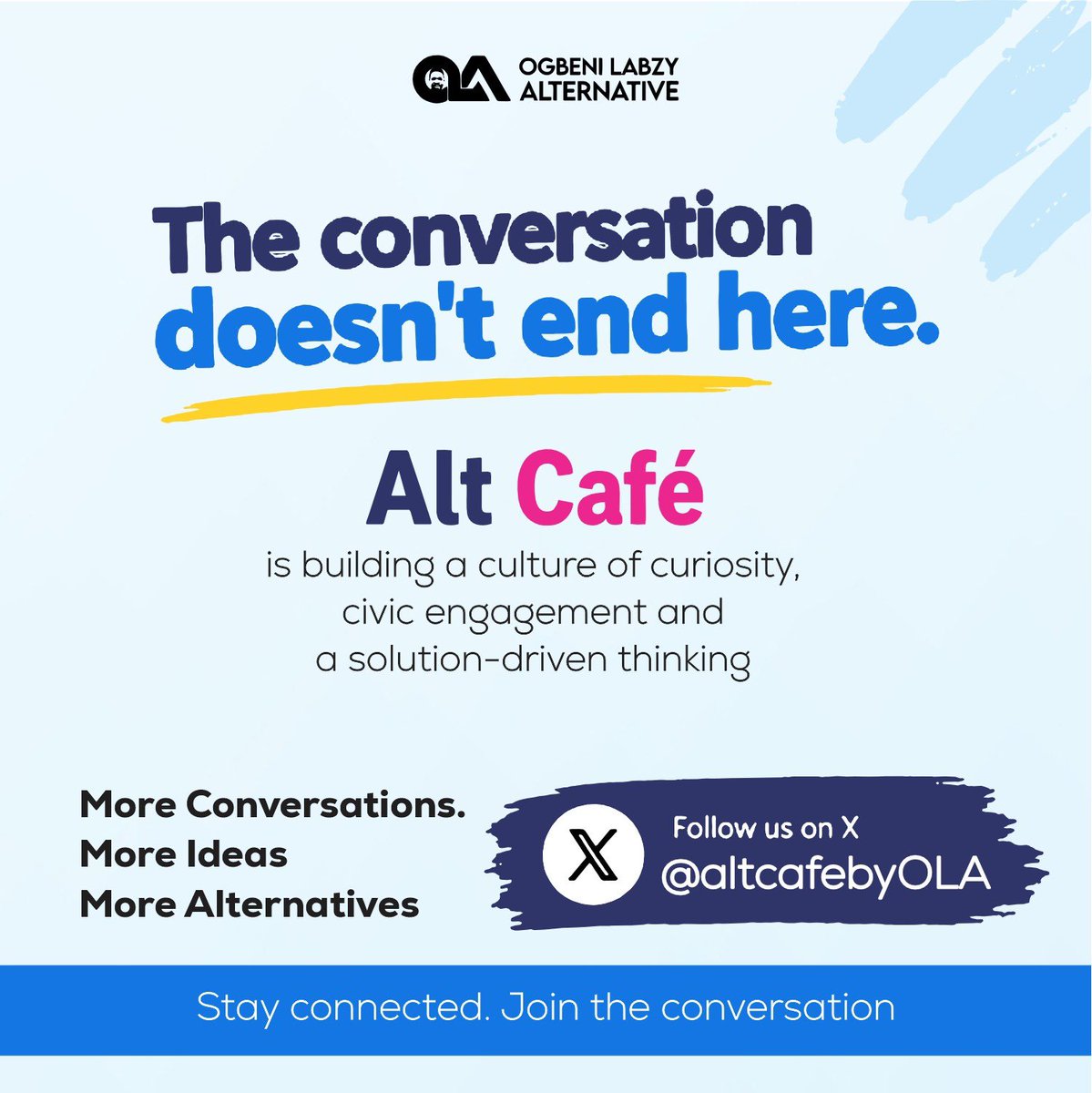 AltCafebyOLA's tweet photo. We’re taking the conversation beyond the Café, with an upcoming X Space and more physical editions already in the works.

Follow @altcafebyOLA and stay close.

The next conversation is coming. https://t.co/uCRKBjhWT1