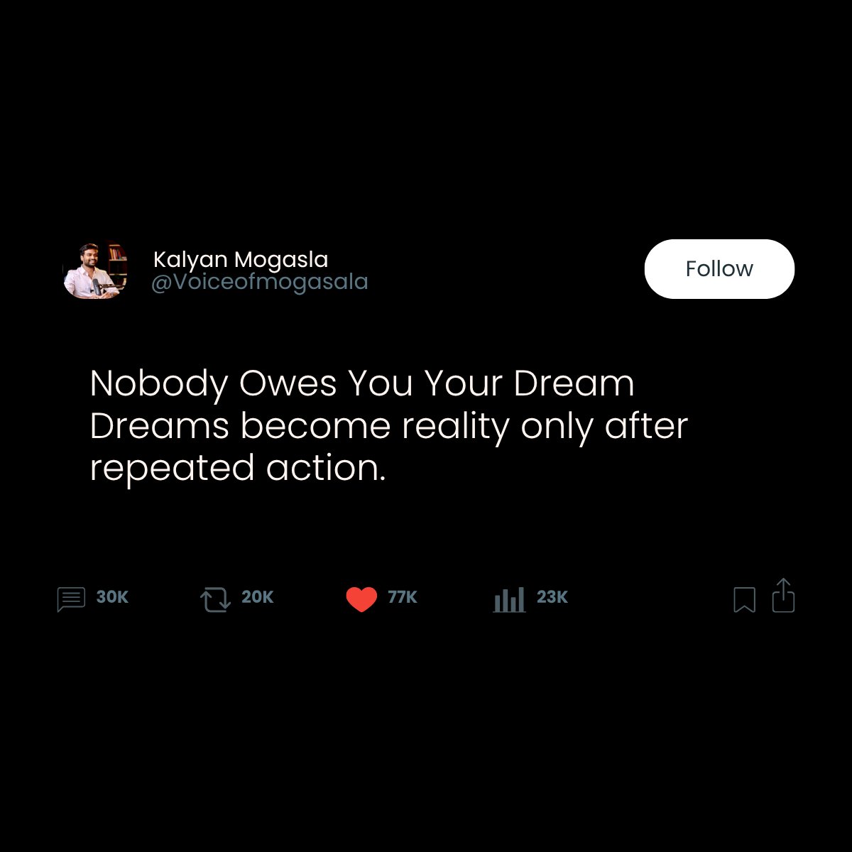 sivakalyan2002's tweet photo. What can I do today that moves this forward?”
Because nobody owes you your dream.
But you can still build it.
#Dreams #Execution #Discipline #PersonalGrowth #CareerGrowth #Entrepreneurship #Consistency #VoiceOfMogasala https://t.co/HSZEHS9Lsi