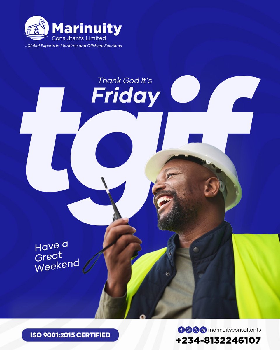marinuity's tweet photo. Thank God Itβs Friday! π
As we wrap up another productive week, weβre grateful for the dedication, teamwork, and commitment that keep us moving forward.
Have a great weekend!
#TGIF #Maritime #Offshore #OilAndGas #MarineServices #OffshoreServices #Lagos #WeekendVibes https://t.co/w6ifJKshwM