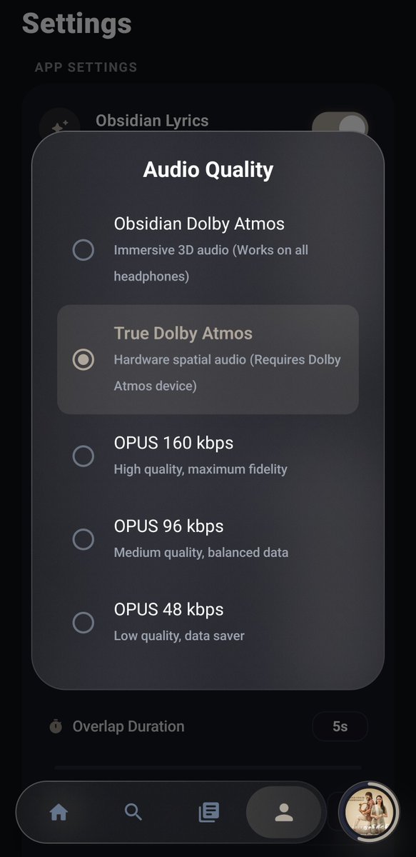 leviackermanft's tweet photo. Bitchord removed the Hi-Res addon and left us looking for alternatives.

Found Obsidian music.
• Beautiful UI
• Synced lyrics
• Immersive player
• Dynamic media pill
• playlists + sleep timer
• Open-source
• import playlists

Still early, but this looks promising. 🔥