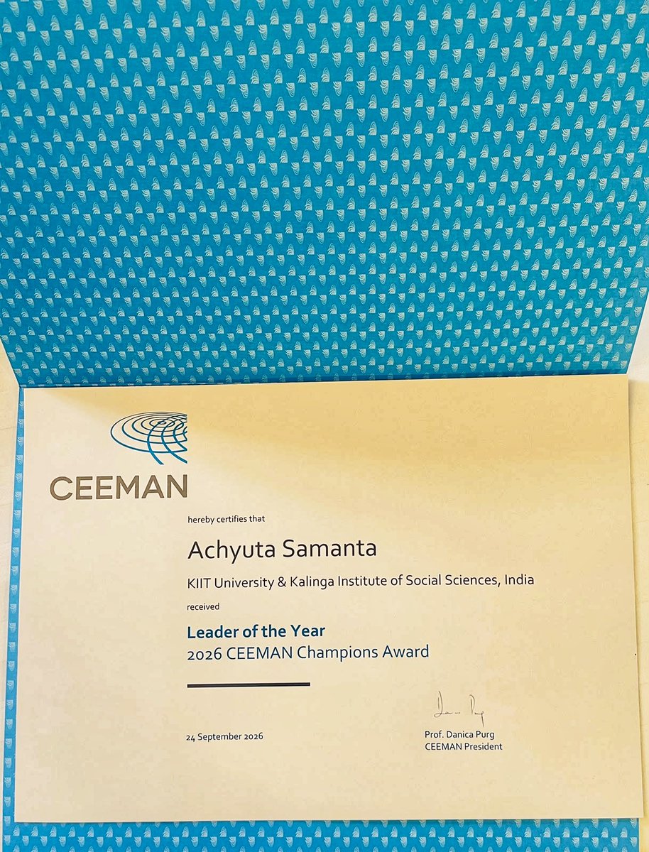 KIITUniversity's tweet photo. We at KIIT proudly celebrate two international honours conferred upon our Founder, Prof. (Dr.) Achyuta Samanta, on the same day, recognising his lifelong contributions to education, leadership and social transformation.

At the 2026 CEEMAN Champions Awards, held during the 34th CEEMAN Annual Conference in Bucharest, Romania, Prof. Samanta was named ‘Leader of the Year’, becoming the first Indian to receive this prestigious honour. CEEMAN, with around 180 members from nearly 50 countries, recognises leadership that advances institutional excellence, relevance and social impact.

On the same day, the International Chess Federation (FIDE) conferred upon Prof. Samanta the ‘Education Philanthropic Award’ at the Summit on Chess in Education in Samarkand, Uzbekistan, held alongside the 46th FIDE Chess Olympiad and Congress.

Adding another significant milestone, an MoU was signed between FIDE, KIIT and KISS to strengthen and expand Chess in Education initiatives at both institutions. The collaboration builds on the FIDE Global Conference on Chess in Society and Education, co-hosted by KIIT in January 2026, and the FIDE Preparation of Teachers programme conducted at KISS in August.

We at KIIT extend our heartfelt congratulations to our Founder on these remarkable international honours. His vision continues to inspire generations and strengthen the role of education as a force for meaningful social transformation.

Watch the video: https://t.co/GrDkfg8Mcq