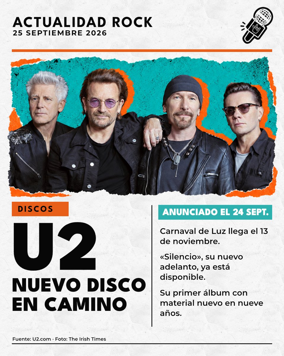 RockCampES's tweet photo. Estrenamos RockCamp News 🤘

U2 anuncia «Carnaval de Luz».
Ozzy &amp; Black Sabbath estrenan tráiler: su despedida llegará al cine el 28/10.
Europe publica hoy «Come This Madness».
#RockCampNews https://t.co/3EXDBv08tQ