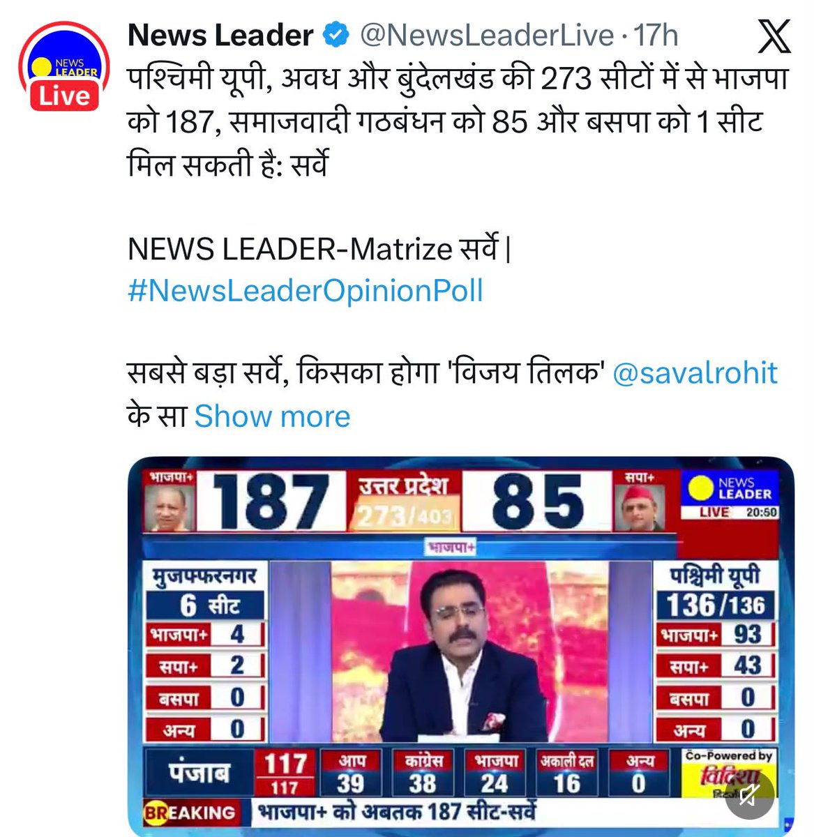 rakhisw's tweet photo. पश्चिमी यूपी (93), अवध (77) और बुंदेलखंड (17) के आंकड़े बताते हैं कि पूरे राज्य में NDA का दबदबा एकतरफा है। योगी आदित्यनाथ जी के सुशासन और विकासवादी नीतियों के आगे विपक्ष का कोई भी जातीय कार्ड काम नहीं कर पाया। #MatrizeSurvey  
https://t.co/nKvzYGYwjo