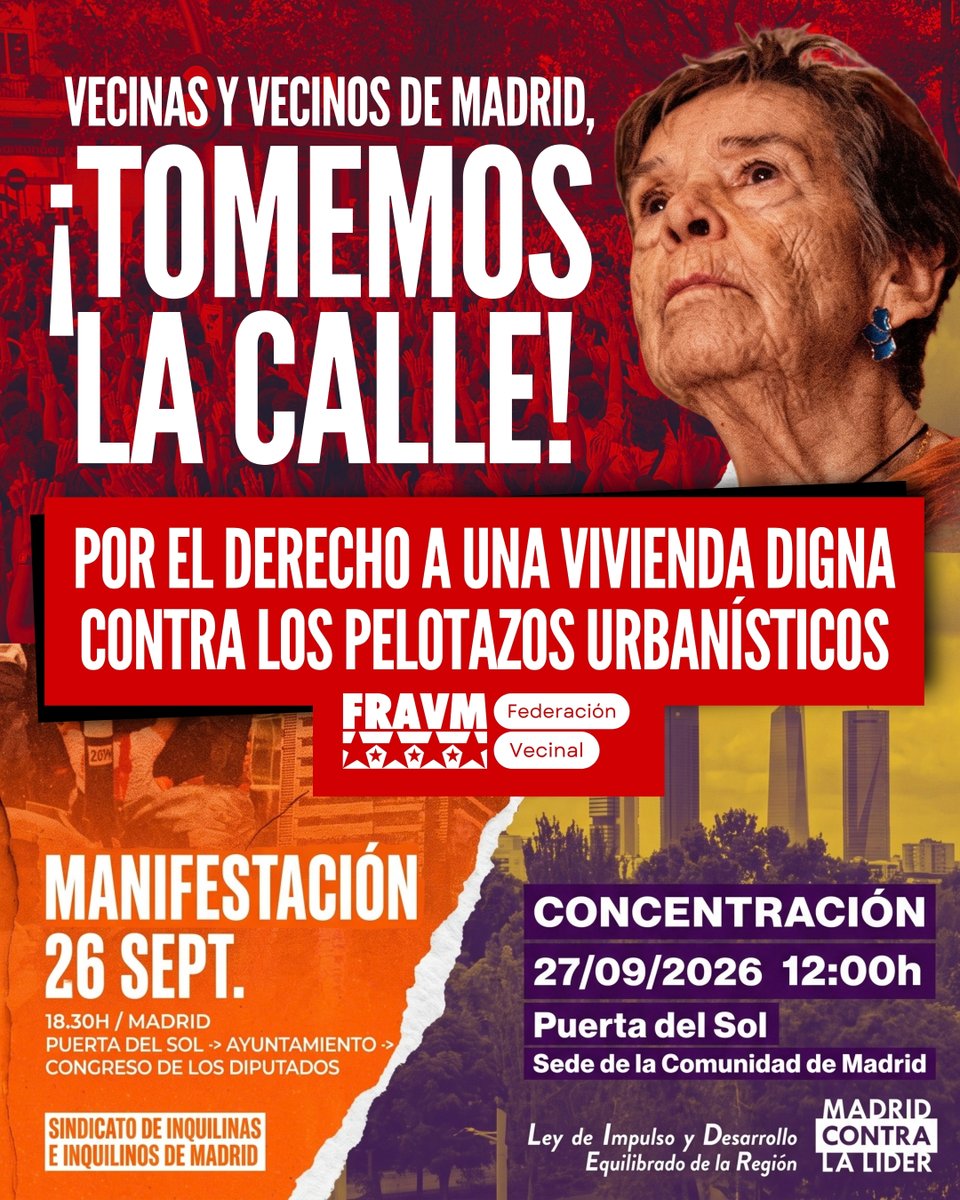FRAVM's tweet photo. ✊ Este fin de semana tomamos las calles por el DERECHO a la VIVIENDA y contra los pelotazos urbanísticos. 

MANIFESTACIÓN con @InquilinatoMad
🔴 SÁB 26 (18:30 h) - Sol ➡️ Congreso

CONCENTRACIÓN
🔴 DOM 27 (12 h): Sol  @madcontralider

¡Una región para vivir, no para especular! https://t.co/1QYnWgiAjF