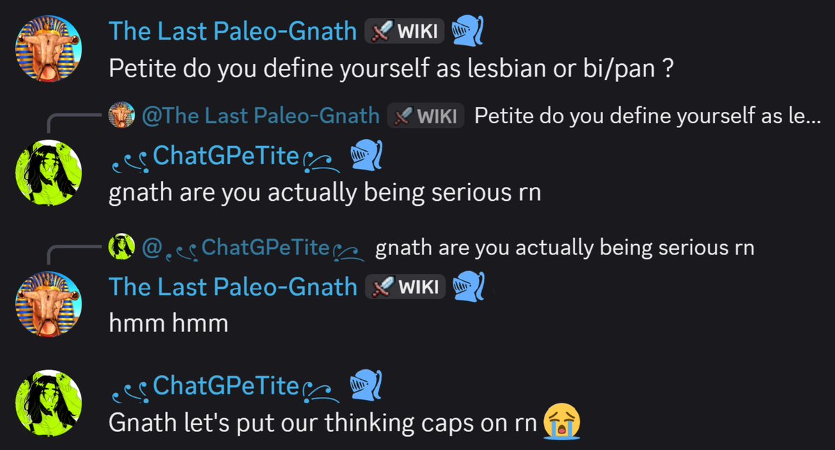 europasaurus445's tweet photo. Discord user Gnath forgets if, infamously lesbian, user Petite is actually a lesbian or not, a wellness check has been requested

(source: @ppaleoartist) https://t.co/WcIyzciGEM