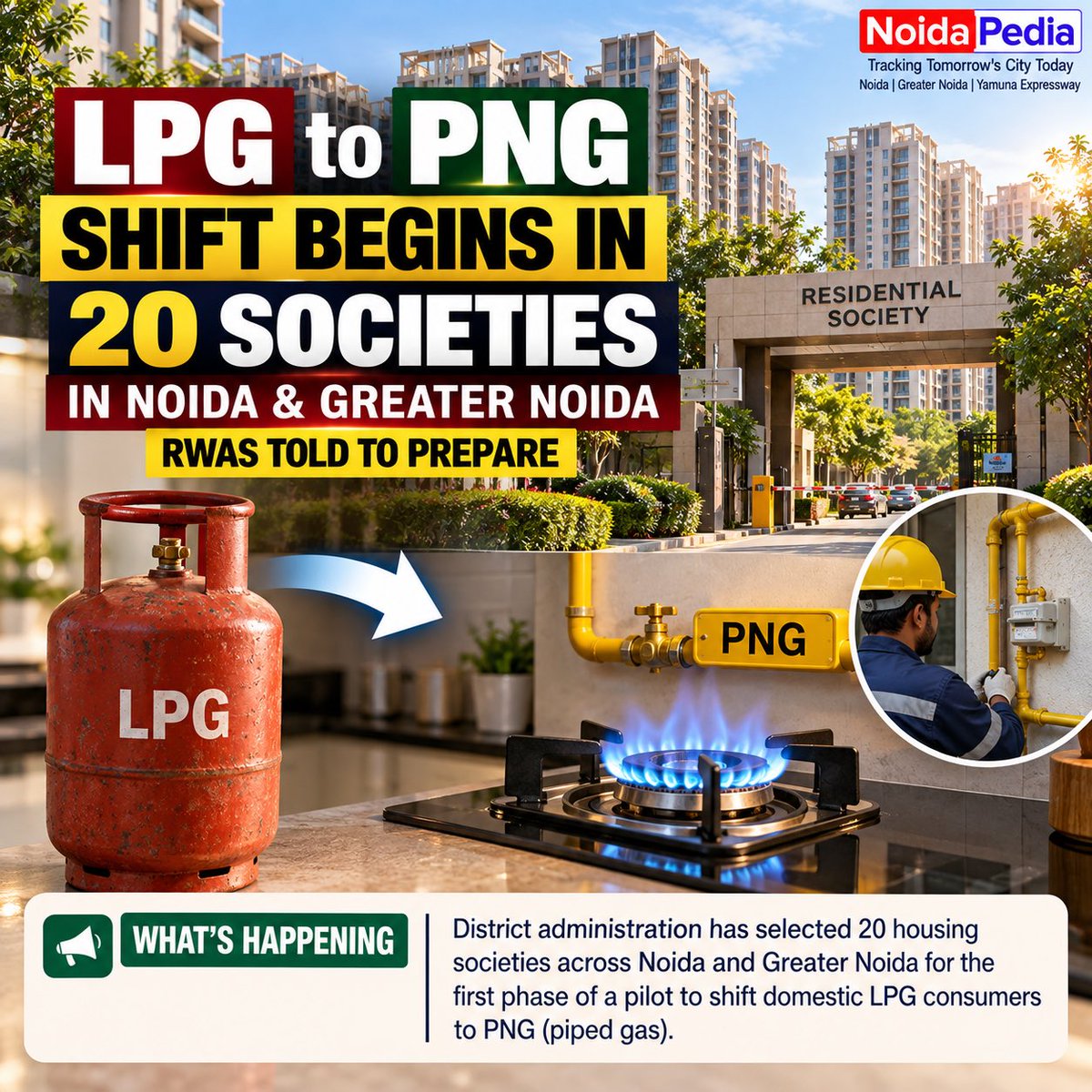 PediaNoida's tweet photo. @PediaNoida 

🔥 LPG to PNG Shift Begins in 20 Noida & Greater Noida Societies — RWAs Told to Prepare

📍 What's Happening
District administration has selected 20 housing societies across Noida and Greater Noida for the first phase of a pilot to shift domestic LPG consumers to PNG (piped gas).

#NoidaPedia #PNGConnection #NoidaHousing #GreaterNoidaWest #RWA #IGL