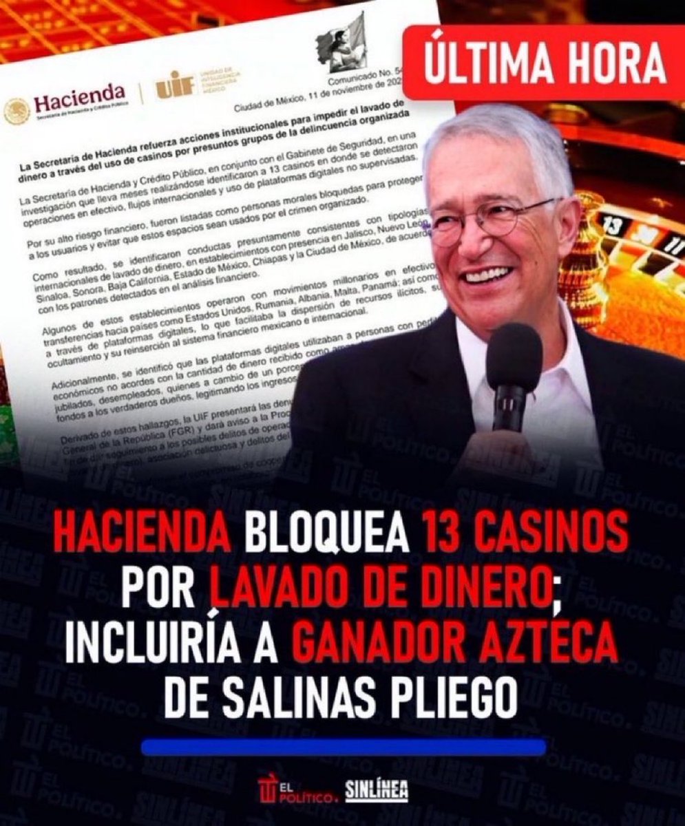 aguir71888's tweet photo. 🚨 #ÚltimaHora  🚨 

🔴 #Hacienda informó que se detectaron 13 casinos en donde se detectaron operaciones sospechosas ligadas a lavado de dinero 💸
👉🏻 La investigación incluiría a #GanadorAzteca, división de juegos y sorteos de #SalinasPliego ‼️

De: @politicodelared https://t.co/wcDtgCB5Tu