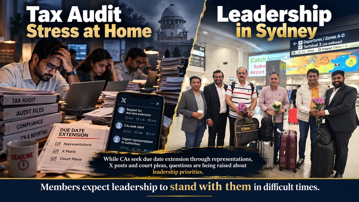 casansaar's tweet photo. CAs across India are making representations, tweeting continuously and approaching High Courts for Tax Audit Due Date Extension.

Meanwhile, ICAI leadership is seen in Australia.

Members deserve to ask: Who is standing with the profession when it needs its leaders the most?

Leadership means being with members in difficult times—not merely holding positions.
Re-Tweet it Plz...
@theicai @icaiau @ICAI 
@nsitharamanoffc 
#TaxAudit2026 #DueDateExtension #TaxAudit #TaxAuditDueDate #TaxAuditReport #Extend_TaxAudit_Due_Date #ICAI #TaxAudit