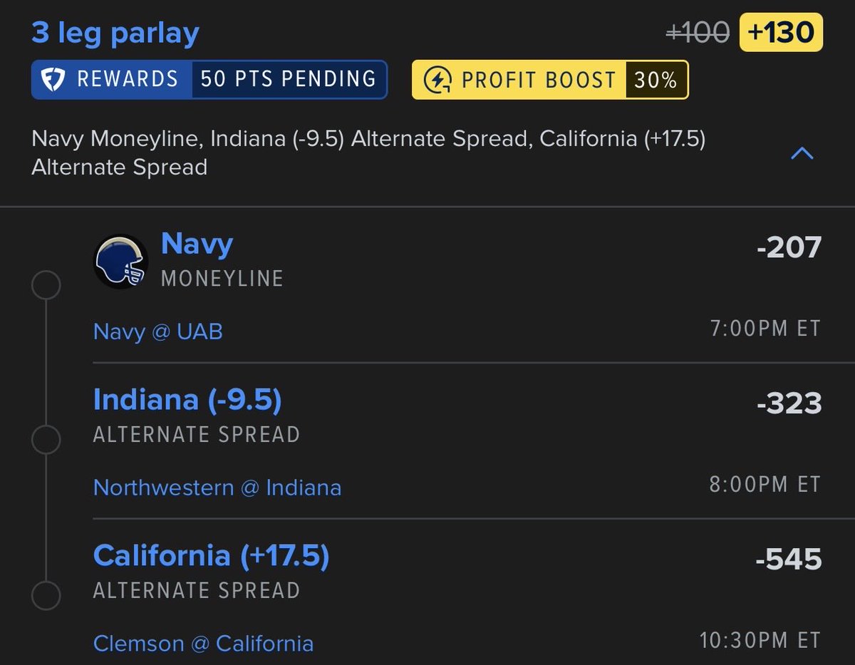 Venz_BullyBets's tweet photo. CFB Parlay 9/25/26 💰
Friday Night Lights 🏈
Week 4 NCAA College Football 4️⃣

3 Leg SGP (+130) 🚀
- Navy ML ⚓️
- Indiana -9.5 🔴
- California +17.5 🐻

Saturday CFB bets TOMORROW ‼️🏈
NFL Parlays ALL Sunday ☀️
FOLLOW 💰 https://t.co/2dMrYw0Jon