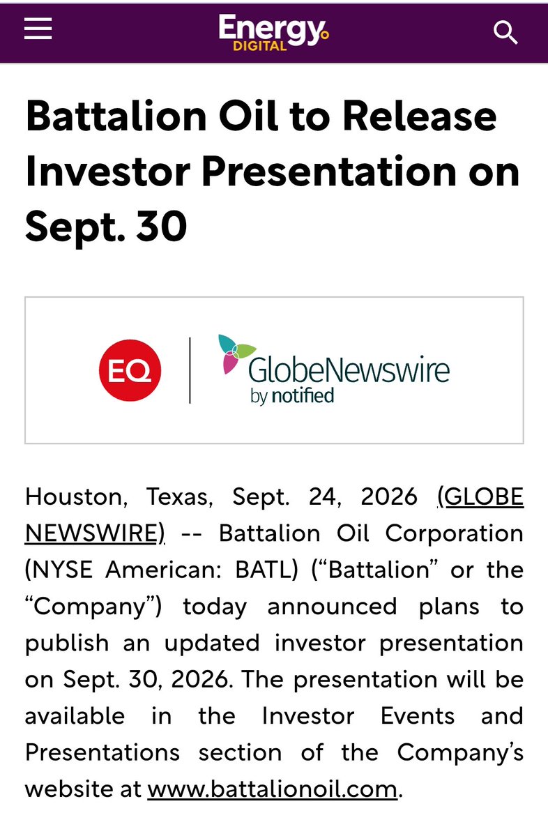 Finzrer_Ultima's tweet photo. Battalion Oil to Release Investor Presentation on Sept. 30

 Including the following topics:

Corporate overview and strategy
Operational update
Capital structure and liquidity
Outlook
Going forward, the Company intends to continue providing investors $BATL https://t.co/7HtIAq663w