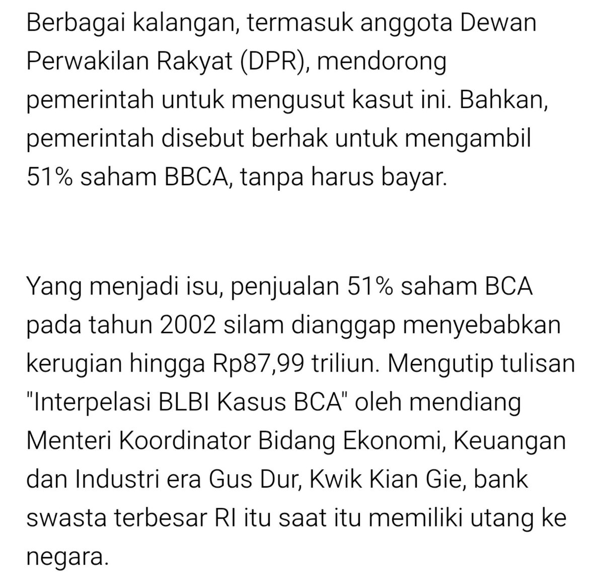 txtdaritaxpayer's tweet photo. Diancam pake kasus BLBI dong.

Tahun lalu aja kan sampe ada yang bilang "Pemerintah berhak untuk mengambil 51% saham BBCA tanpa harus bayar"😂😂 https://t.co/PYC7SGpbKA