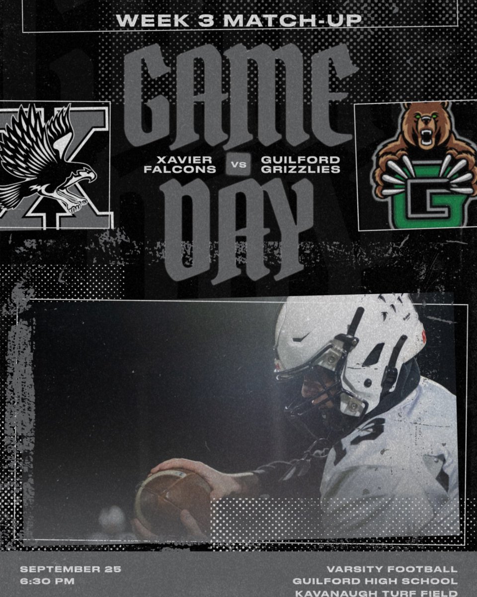 athleticsXHS's tweet photo. Xavier Football hits the road for the FIRST time this season as the Falcons (2-0) head to Guilford for a showdown between two undefeated teams!
First road test. Two perfect records. One big Friday night matchup.
MAKE THE TRIP and bring the energy!
#ThisisXavier
#cthsfb https://t.co/o3xz41NSuI