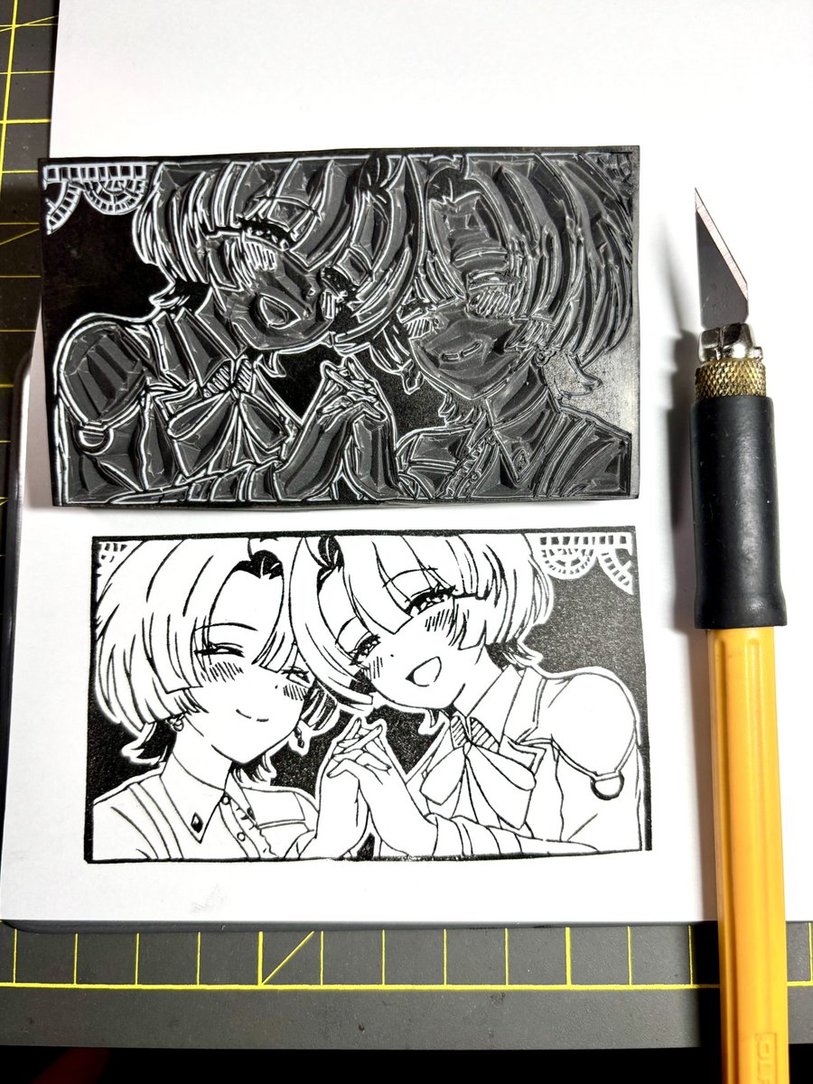Ankokusmt's tweet photo. ぉもち氏(@mattarisan_1012 )に描いていただいたヘッダーの麻央さん彫らせていただきました🌞
名刺に捺す予定です https://t.co/dDTFarOG8v