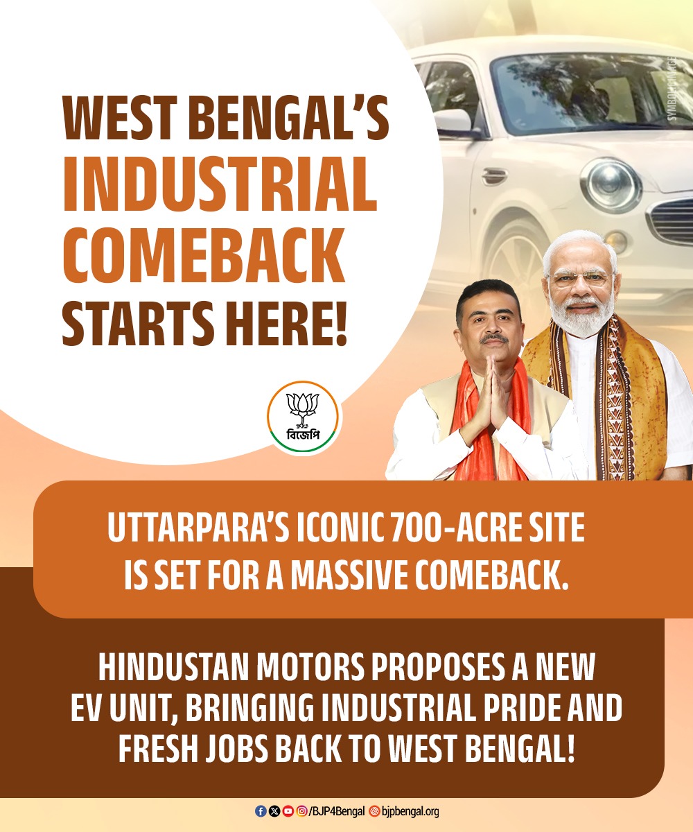 BJP4Bengal's tweet photo. From manufacturing the iconic Ambassador to driving the future with EVs, Uttarpara’s legendary 700-acre site is gearing up for a massive industrial comeback! 

Hindustan Motors’ proposal for a new EV plant promises new employment, growth and industrial pride back to West Bengal! https://t.co/XVhMQzdWN2