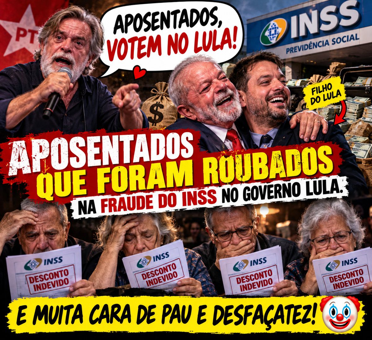 ThiagoAdam1980's tweet photo. José de Abreu foi às redes pedir que os aposentados acima de 70 anos compareçam às urnas e “votem bem”.

Mas esse discurso inevitavelmente levanta uma questão que merece ser discutida:

E OS APOSENTADOS QUE FORAM VÍTIMAS DOS DESCONTOS INDEVIDOS NO INSS?

A Operação Sem Desconto, conduzida pela Polícia Federal e pela CGU, revelou um esquema que atingiu milhões de aposentados e pensionistas. O próprio governo precisou organizar um gigantesco processo de ressarcimento às vítimas.

E existe ainda outro ponto politicamente sensível: o filho do presidente Lula, Fábio Luís Lula da Silva, o Lulinha, entrou no radar das investigações. A PF apura possíveis vínculos dele com pessoas investigadas no esquema. Ele nega irregularidades, e a investigação ainda precisa estabelecer responsabilidades.

Por isso, antes de simplesmente pedir o voto dos aposentados, seria legítimo perguntar:

O que o governo fez para proteger essas pessoas?
Quem permitiu que descontos não autorizados atingissem benefícios de aposentados?
Quem será responsabilizado?
E por que o filho do presidente apareceu no contexto das investigações?
Aposentado não é massa de manobra eleitoral.
É gente que trabalhou, contribuiu e tem direito de saber exatamente o que aconteceu com o próprio dinheiro.
Votar é um direito.
Mas cobrar respostas também é.

🎭 Antes de pedir o voto de quem foi prejudicado, talvez seja necessário explicar como tudo isso aconteceu.