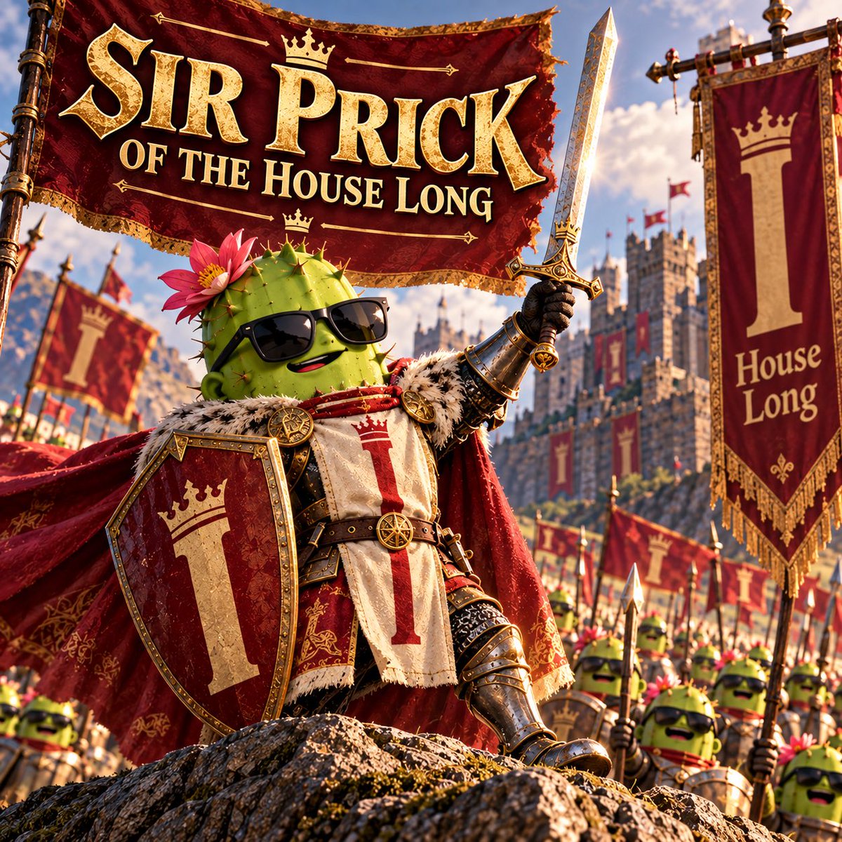 XLPrick's tweet photo. Born a $PRICK. Forged by pressure. Knighted by chaos. 🏰🌵⚔️

Sir Prick of House Long - standing tall, HODLing strong, and never folding.”

House words: “A long blade, a firm hand, an unbroken house.” https://t.co/zhhHItH8Zk