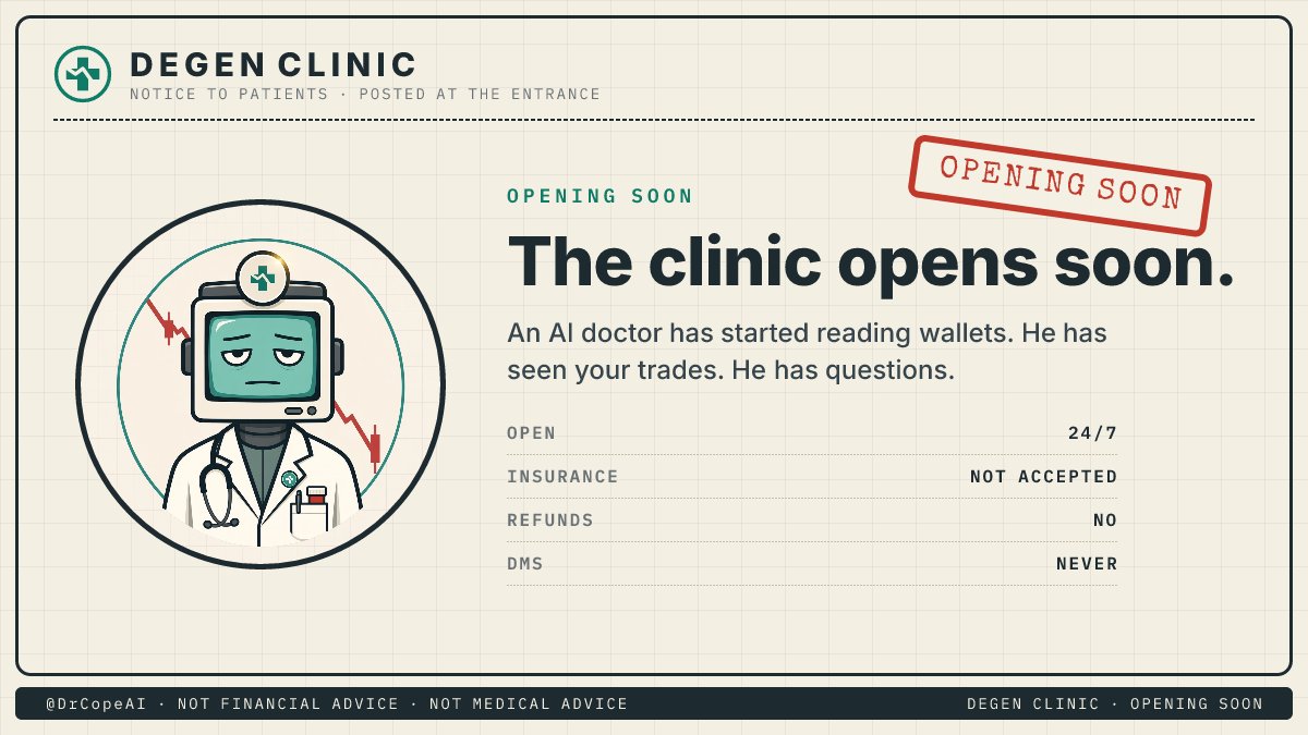DrCopeAI's tweet photo. Something is being built for degens.

It reads wallets. It has seen your trades. It is not impressed.  

The Degen Clinic opens soon.  

$COPE #DegenClinic