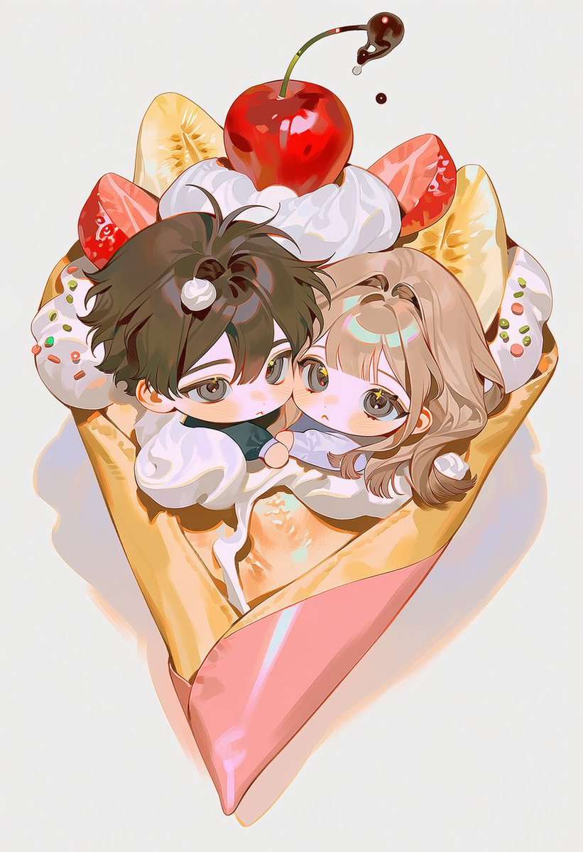 syubidobi's tweet photo. 🍦 오늘의 디저트는 크레페 ⊹ ࣪୨ৎ ₊˚ 프롬 공유
- 자유롭게 사용해주세요💕

[Prompt]
💖커플 ver.
couple, 5::chibi, chibi only, super deformed, cute::, 2::inside a giant crepe::, 2::hugging each other::, 3::giant folded crepe::, 3::full crepe visible::, 3::giant crepe filling the frame::, ::whipped cream and cherries on top of the head::, 3::whipped cream surrounding the character::, ::chocolate syrup drizzled over the crepe::, banana slices, strawberry slices, fruit slices, sprinkles, ::sprinkles scattered over the crepe::, folded crepe, giant dessert, cute dessert-themed composition, playful pose, adorable atmosphere, centered composition,

🍩 솔로ver.
solo, 5::chibi, chibi only, super deformed, cute::, 2::inside a giant crepe::, 3::giant folded crepe::, 3::full crepe visible::, 3::giant crepe filling the frame::, ::whipped cream and cherries on top of the head::, 3::whipped cream surrounding the character::, ::chocolate syrup drizzled over the crepe::, banana slices, strawberry slices, fruit slices, sprinkles, ::sprinkles scattered over the crepe::, folded crepe, giant dessert, cute dessert-themed composition, playful pose, adorable atmosphere, centered composition,