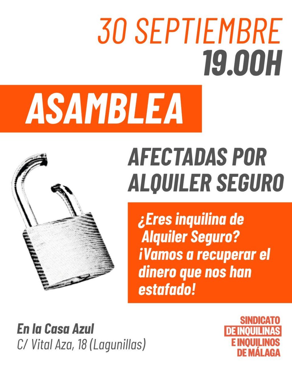 InquilinatoMLG's tweet photo. 📣 ASAMBLEA

Afectadas por #AlquilerSeguro

📍 Miércoles 30 de septiembre a las 19h en La Casa Azul, calle Vital Aza, 18 (LAGUNILLAS)

¿Eres inquilina de Alquiler Seguro? ¡Vamos a recuperar el dinero que nos han estafado! 👇🏽 https://t.co/Rlt3hmY78W