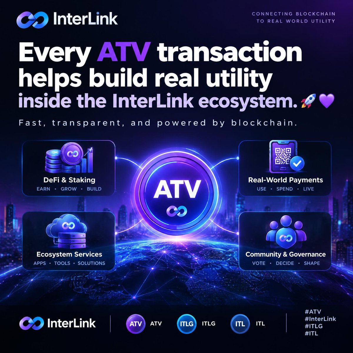 SaiKhonZxa's tweet photo. Every ATV transaction helps build real utility inside the InterLink ecosystem. 🚀💜
Fast, transparent, and powered by blockchain. #ATV #InterLink #ITLG #ITL https://t.co/PJDnuz3Kkg