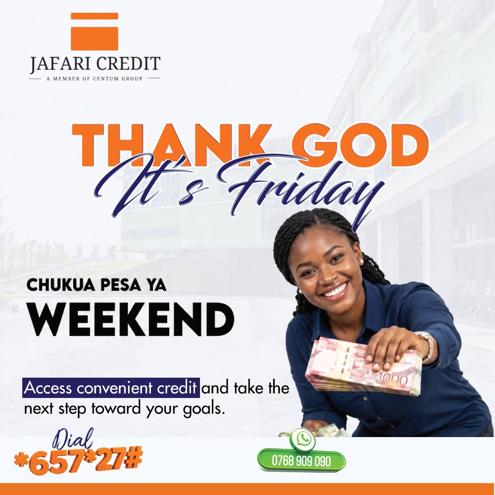 CreditJafari's tweet photo. Friday is here. Don’t let financial needs put your plans on hold.

Eligible civil servant? Take the first step today.

📲 Simply dial 65727# and get started.

📞 0709 007 900

💬 Ask Rafiki: https://t.co/Gw6mfwaIgJ

#JafariCredit #CivilServantsKE #CheckOffLoans #WeekendVibes https://t.co/JYwfhksqx6