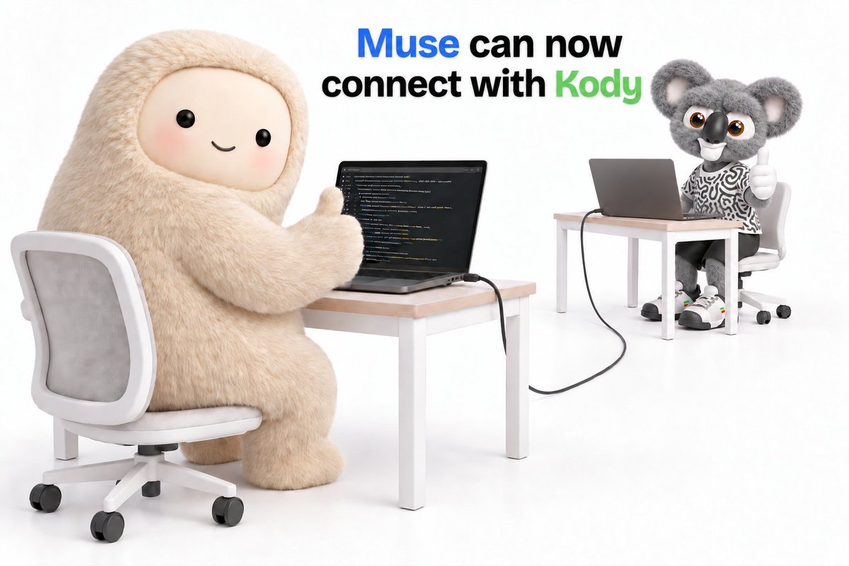 The Muse mascot and the Kody mascot each sitting at a desk. The muse laptop has a terminal. Their laptops are connected by a cable. The text "Muse can now connect with Kody" appears.