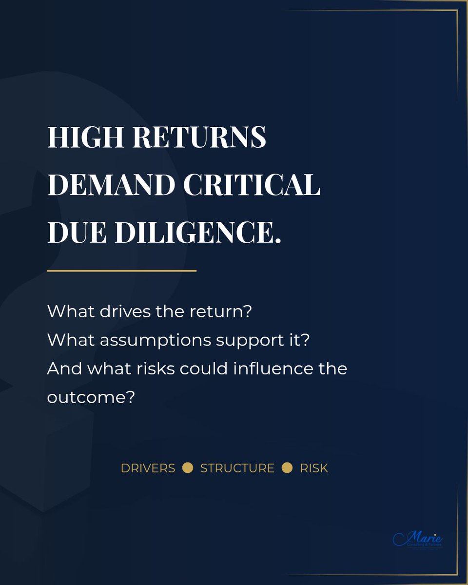 Marieconsultng's tweet photo. When evaluating an attractive investment proposal, looking at the top-line projection is only the starting point. 
​ensuring that every allocation is backed by clear fundamentals, discipline, and long-term resilience.
​#DueDiligence #InvestmentStrategy #PortfolioManagement https://t.co/dxC2cIdgJU