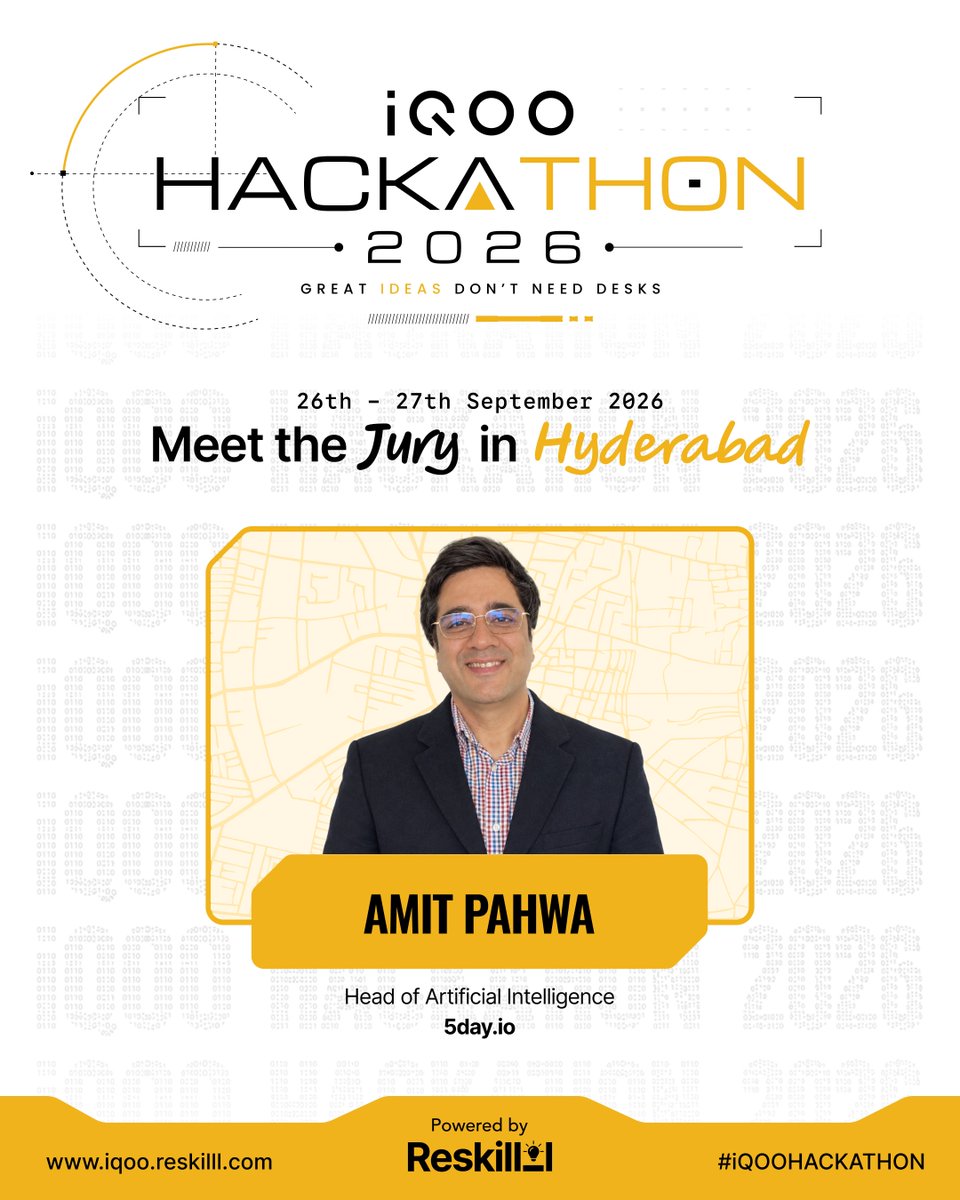 Reskilll's tweet photo. Meet Amit Pahwa, Head of Artificial Intelligence at https://t.co/yvfTjoqiKg, joining the jury for the iQOO Hackathon 2026 – Hyderabad Battle.

With expertise across AI platforms, autonomous agents and large-scale ML infrastructure, Amit brings a strong perspective on building intelligent systems that can move from concept to production.

His experience in architecting agentic systems and scaling AI teams will bring valuable insight as teams turn ambitious ideas into working solutions.

📍 Hyderabad
📅 26–27 September 2026

The teams are ready. We look forward to seeing the ideas, builds and possibilities they bring to Hyderabad.

#iqoo #reskilll
