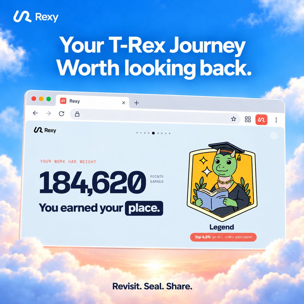 Rexy_AI's tweet photo. Over the past year, you made T-Rex what it was.

Every quest. 
Every badge. 
Every friend you brought along. 
This chapter exists because you showed up.

Now, your T-Rex Footprint brings those moments together.

The name has changed. Your contribution stays. https://t.co/opv5Rzjefi