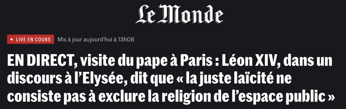 N_Hervieu's tweet photo. « La juste laïcité ne consiste pas à exclure la religion de l’espace public » dit le Pape.

Cela tombe bien : Notre principe constitutionnel de laïcité n'interdit pas aux citoyens de vivre leur religion dans l'espace public.

Contrairement aux propositions politiques de certains. https://t.co/8upQFDuhu3