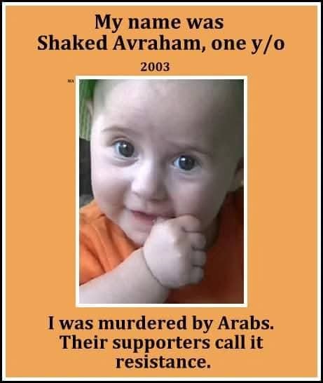 Israelkicksass's tweet photo. On September 25, 2003, Shaked Avraham, was murdered.
She was a calm baby, which accompanied her throughout her short life.
Her life, of 7 months passed through her in the Negohot village  southern Hebron.
While Shaked was sleeping in her stroler between her parents. A 'Palestinian' terrorist opend fire & Shakd was murdered by a bullet.
It turned out later that the terrorist was released about 2 months before the incident from the Israeli prison, after a deal in which he was sentenced to a year and a half in prison for wanting to carry out an attack and kill Jews.