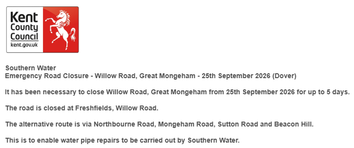 KentHighways's tweet photo. Great Mongeham, Willow Road: Closed until 29th September to allow for repairs by @SouthernWater : https://t.co/VEAuqZoRsU https://t.co/p0v55vSkdI